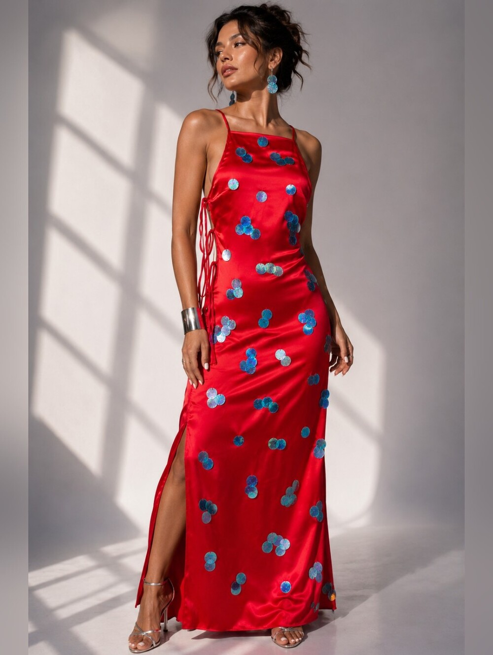Red Satin Lace Up Maxi Dress with Hand Sewn Blue Shell Sequins